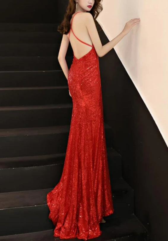 Luolandi Sexy Sequins Long Slit Cross Back Junior Prom Dress A-line Party Dress Formal Dress Sparkly Evening Dress